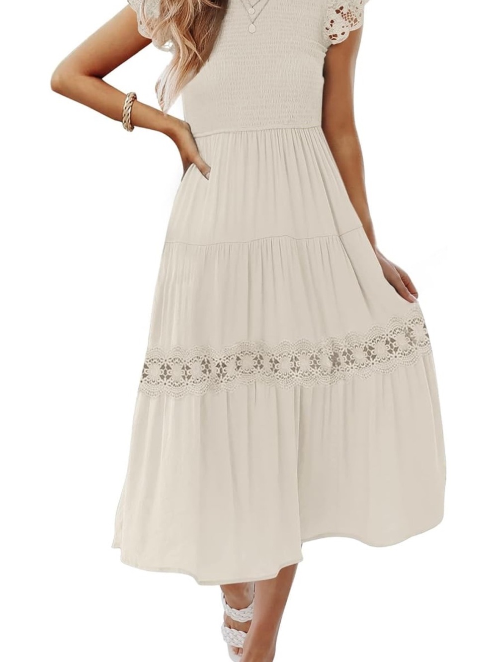 Women's Cream Lace-Trim Midi Dress with Smocked Bodice